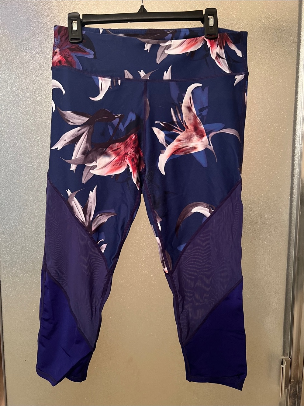 Fabletics Navy Floral High-Waist Crop Leggings with Purple Mesh Panels